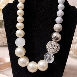 ✨ Ivory & Crystal Luxe Pearl and Silver Beaded Statement Necklace
